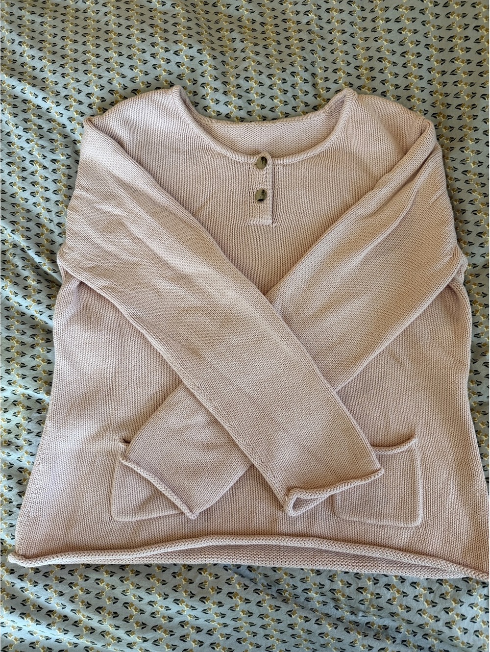 Light Pink Cotton Knit Sweater with Front Pockets and Button Detail